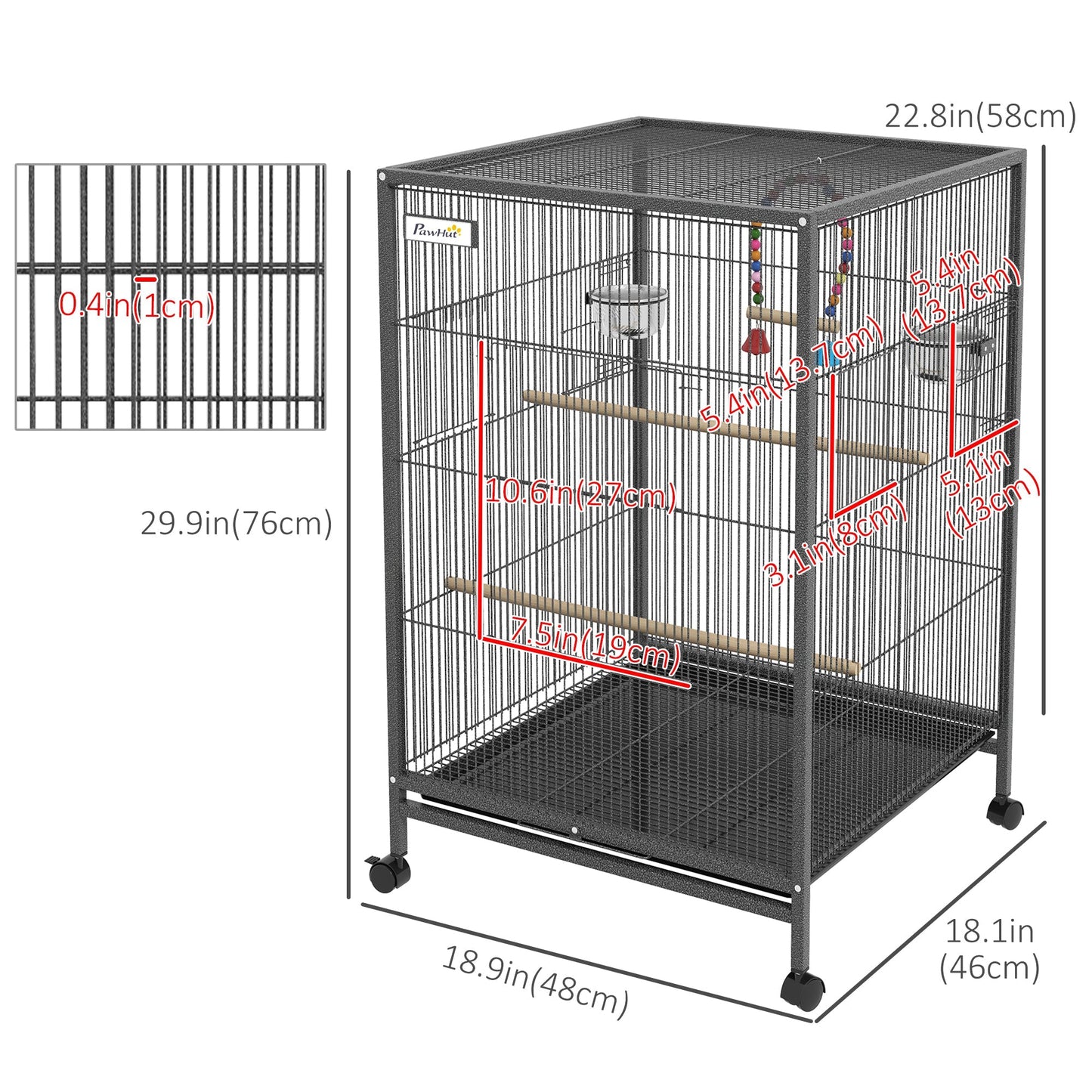 29" Bird Cage for Parrots Lovebirds Budgies Finches, Flight Cage with 5 Doors, Swing, Stainless Steel Bowls, Removable Tray, Wheel, Grey Bird Cages   at Gallery Canada