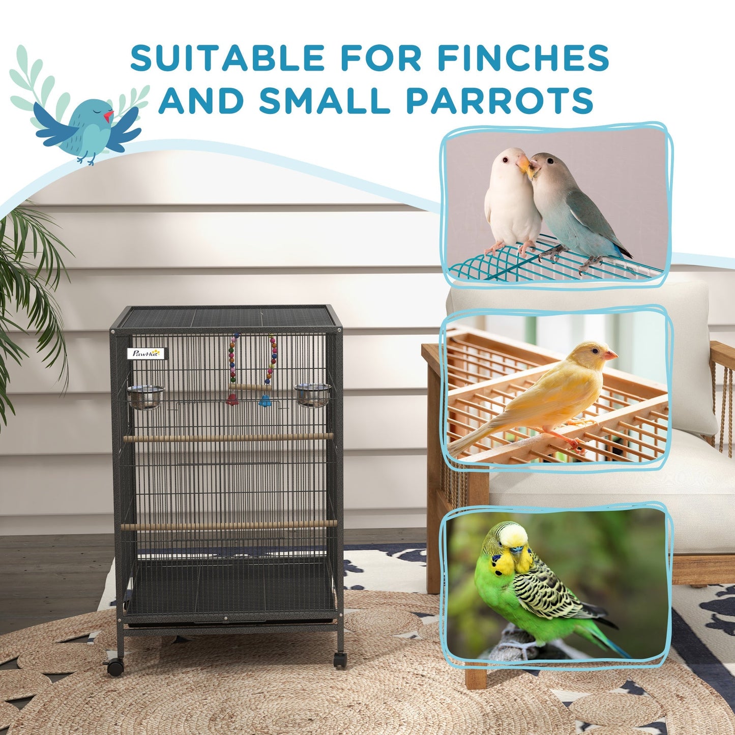 29" Bird Cage for Parrots Lovebirds Budgies Finches, Flight Cage with 5 Doors, Swing, Stainless Steel Bowls, Removable Tray, Wheel, Grey Bird Cages   at Gallery Canada