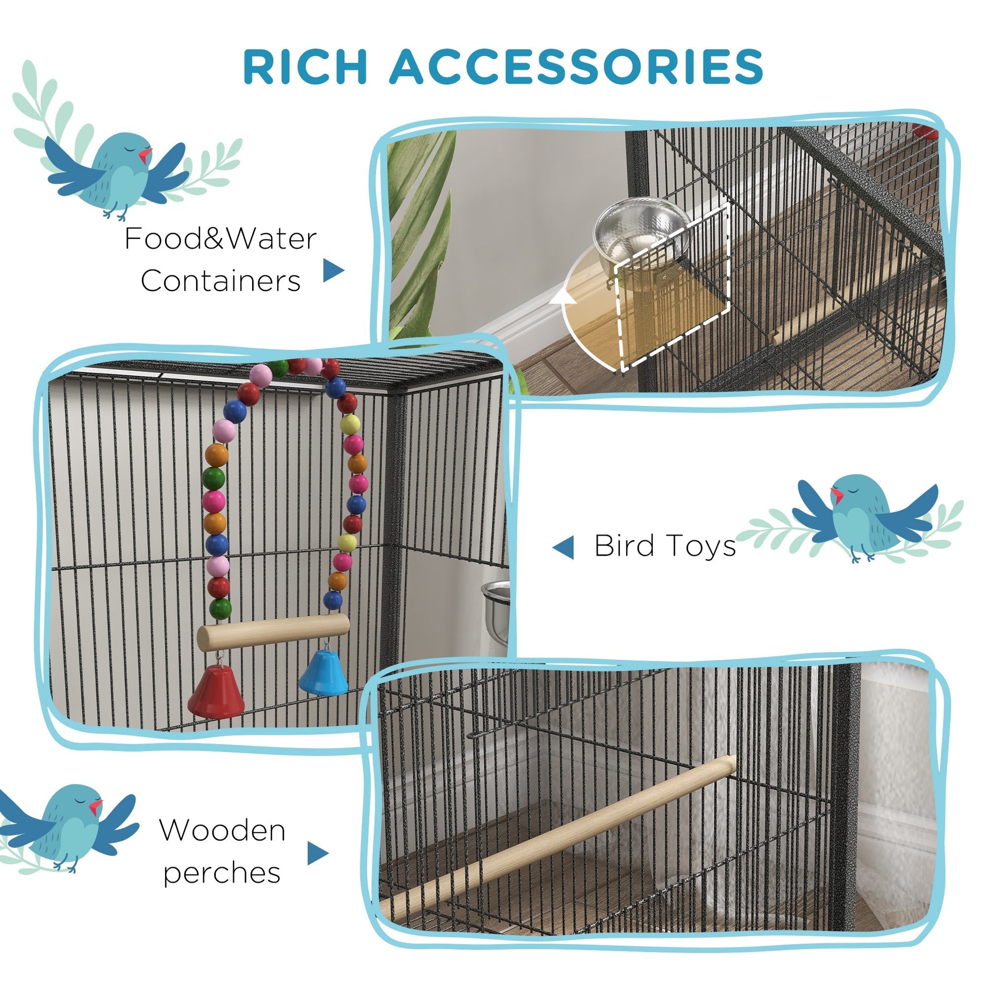 29" Bird Cage for Parrots Lovebirds Budgies Finches, Flight Cage with 5 Doors, Swing, Stainless Steel Bowls, Removable Tray, Wheel, Grey Bird Cages   at Gallery Canada