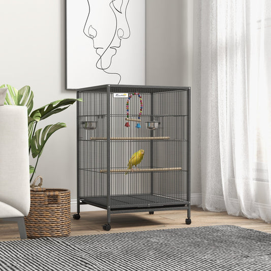 29" Bird Cage for Parrots Lovebirds Budgies Finches, Flight Cage with 5 Doors, Swing, Stainless Steel Bowls, Removable Tray, Wheel, Grey Bird Cages Grey  at Gallery Canada