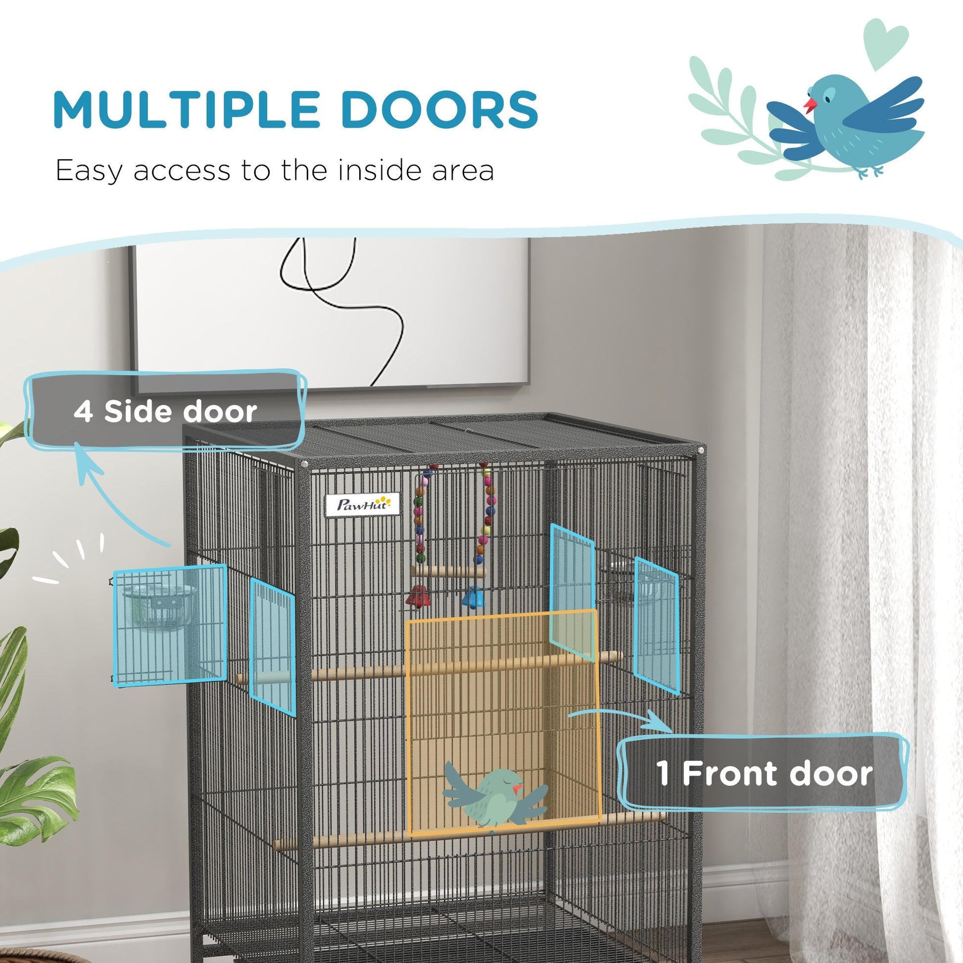 29" Bird Cage for Parrots Lovebirds Budgies Finches, Flight Cage with 5 Doors, Swing, Stainless Steel Bowls, Removable Tray, Wheel, Grey Bird Cages   at Gallery Canada