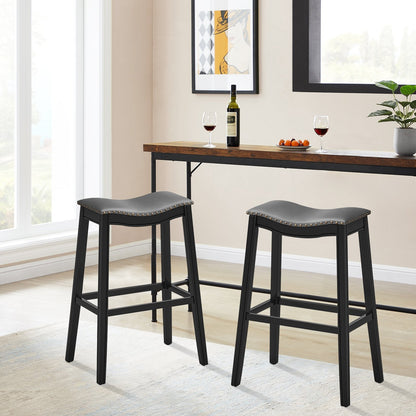 29 Inch Set of 2 Backless Wood Nailhead Barstools with PVC Leather Seat, Black Bar Stools   at Gallery Canada