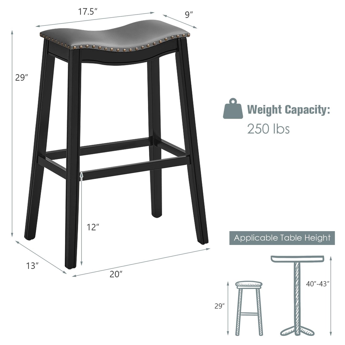 29 Inch Set of 2 Backless Wood Nailhead Barstools with PVC Leather Seat, Black Bar Stools   at Gallery Canada