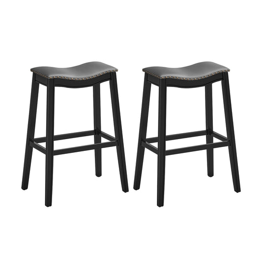 29 Inch Set of 2 Backless Wood Nailhead Barstools with PVC Leather Seat, Black Bar Stools   at Gallery Canada