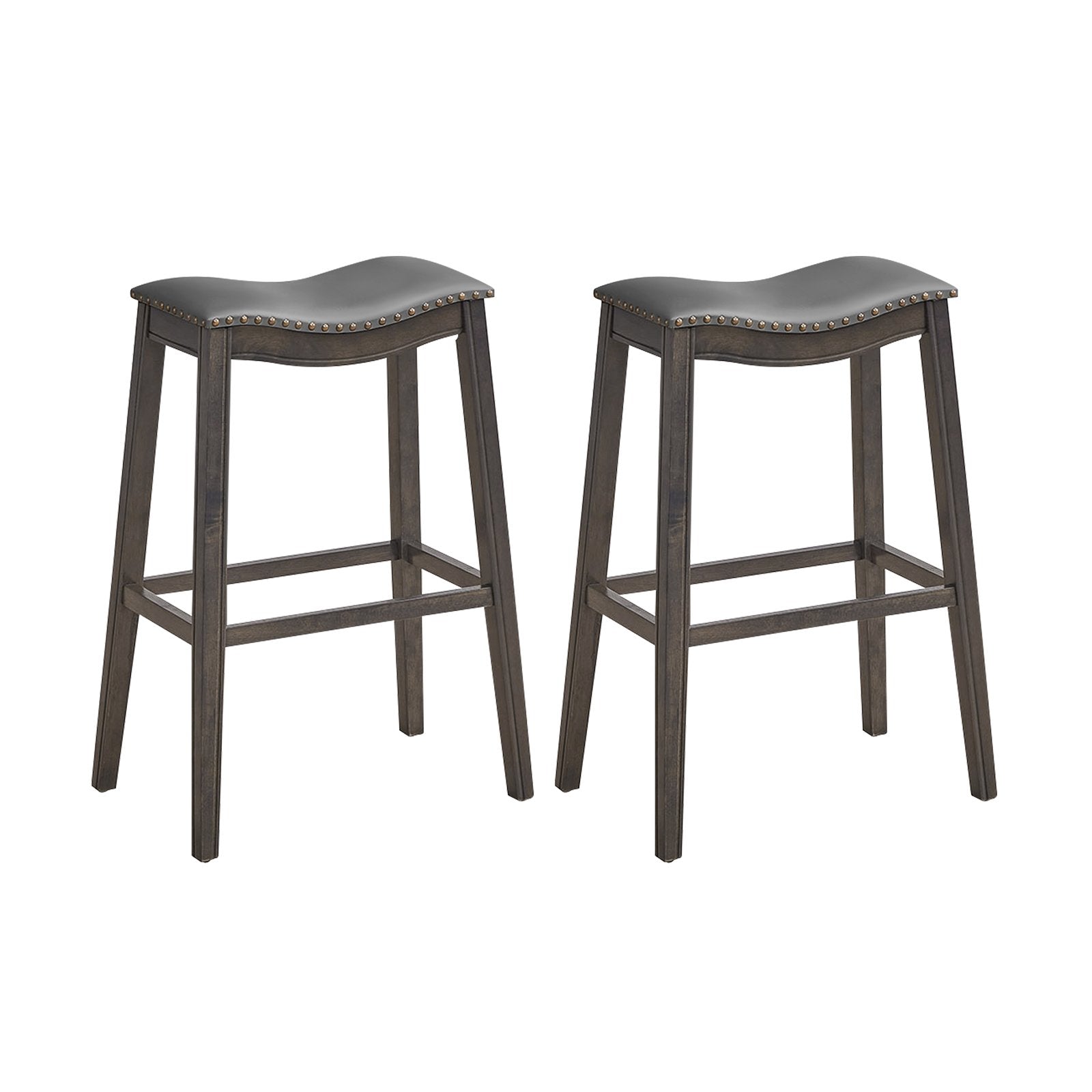 29 Inch Set of 2 Backless Wood Nailhead Barstools with PVC Leather Seat, Gray Bar Stools   at Gallery Canada