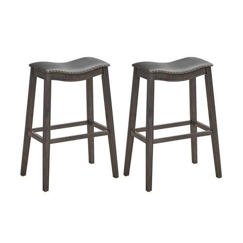 29 Inch Set of 2 Backless Wood Nailhead Barstools with PVC Leather Seat, Gray