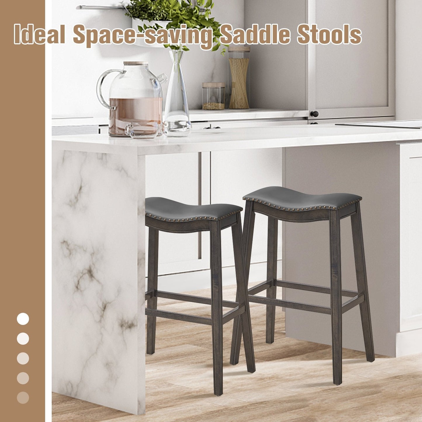 29 Inch Set of 2 Backless Wood Nailhead Barstools with PVC Leather Seat, Gray Bar Stools   at Gallery Canada