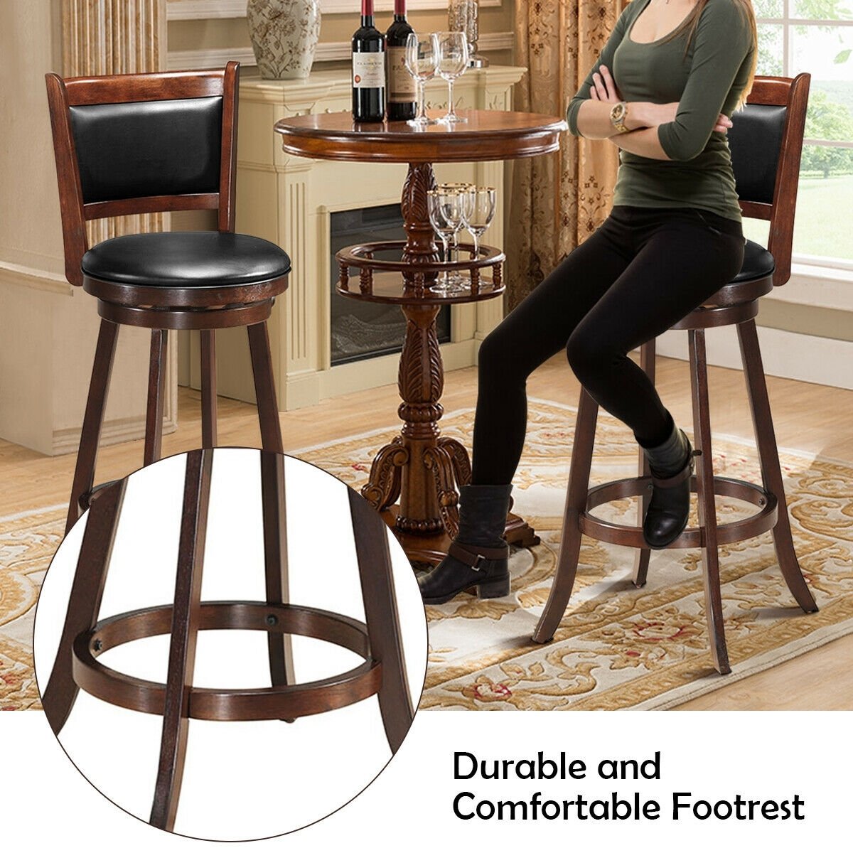 29 Inch Swivel Bar Height Stool Wooden Upholstered Dining Chair, Brown Bar Stools   at Gallery Canada