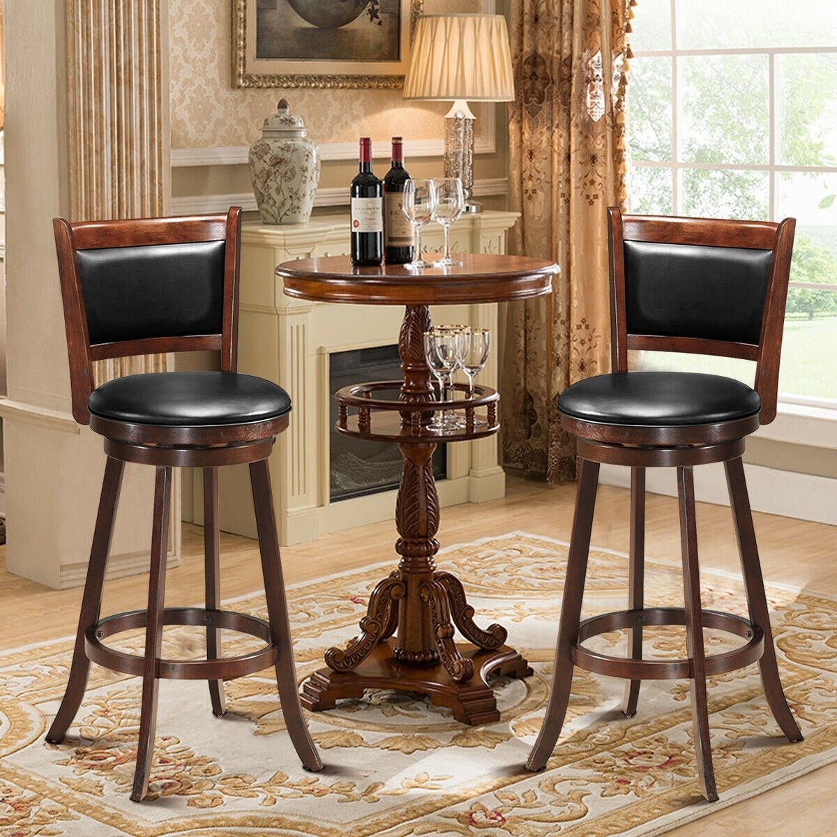 29 Inch Swivel Bar Height Stool Wooden Upholstered Dining Chair, Brown Bar Stools   at Gallery Canada