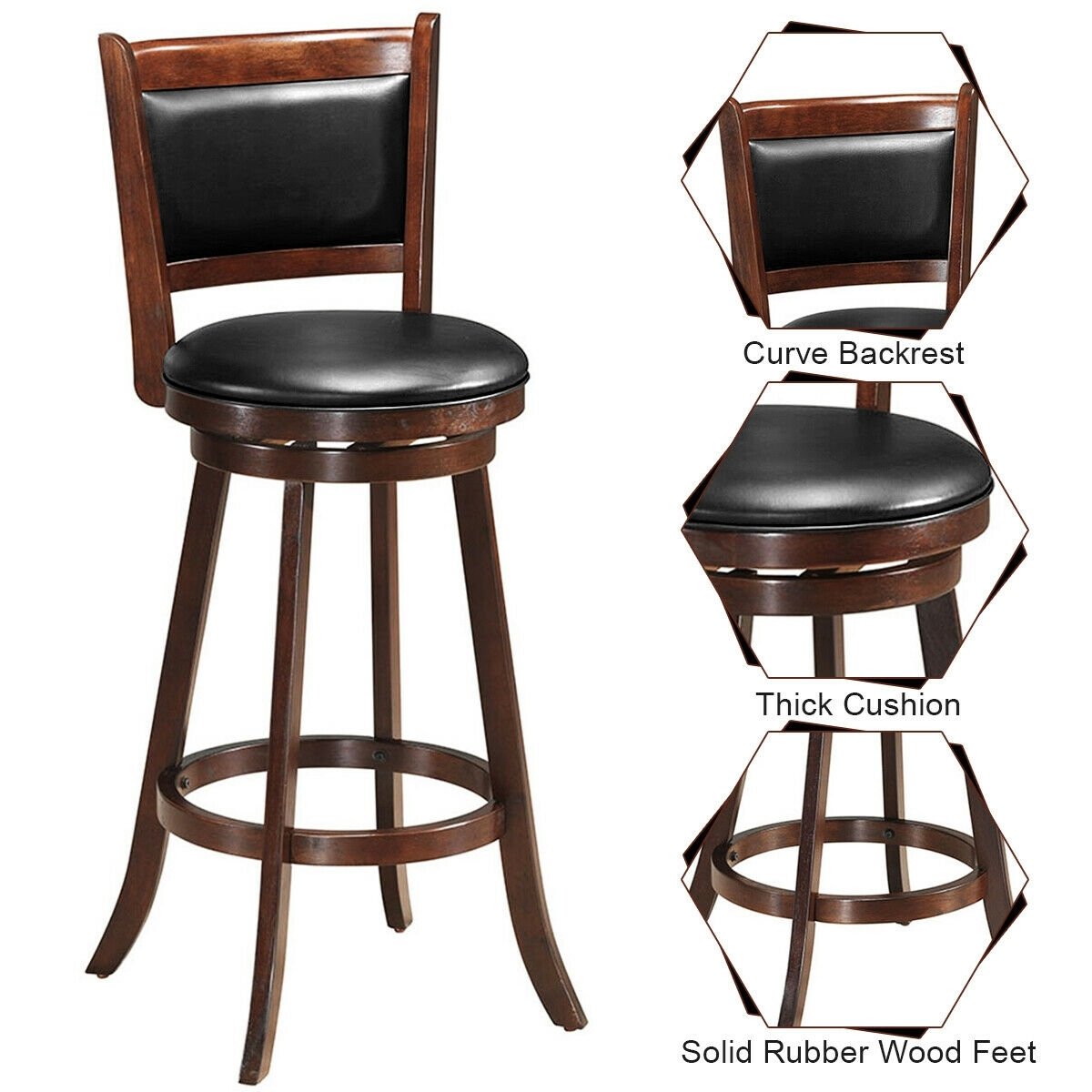 29 Inch Swivel Bar Height Stool Wooden Upholstered Dining Chair, Brown Bar Stools   at Gallery Canada