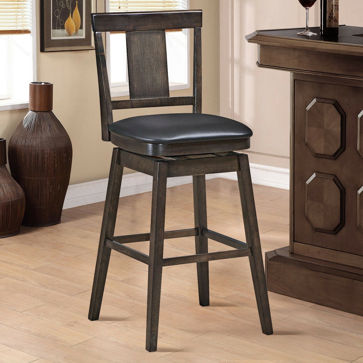 29 inch Swivel Upholstered Counter Height Bar Stool with Rubber Wood Legs, Brown Bar Stools   at Gallery Canada