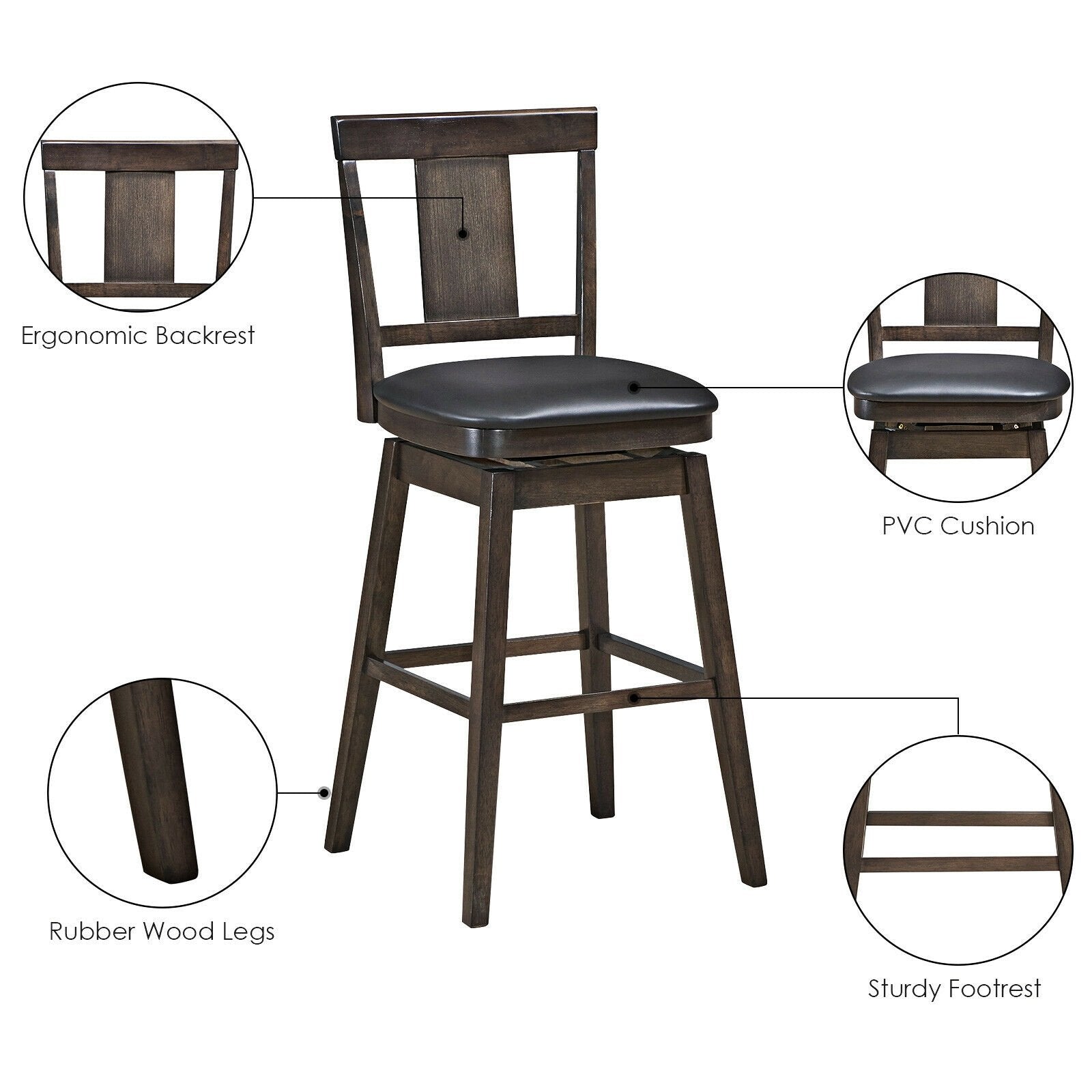 29 inch Swivel Upholstered Counter Height Bar Stool with Rubber Wood Legs, Brown Bar Stools   at Gallery Canada