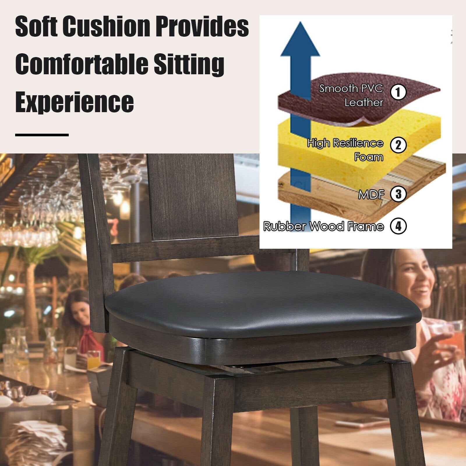 29 inch Swivel Upholstered Counter Height Bar Stool with Rubber Wood Legs, Brown Bar Stools   at Gallery Canada