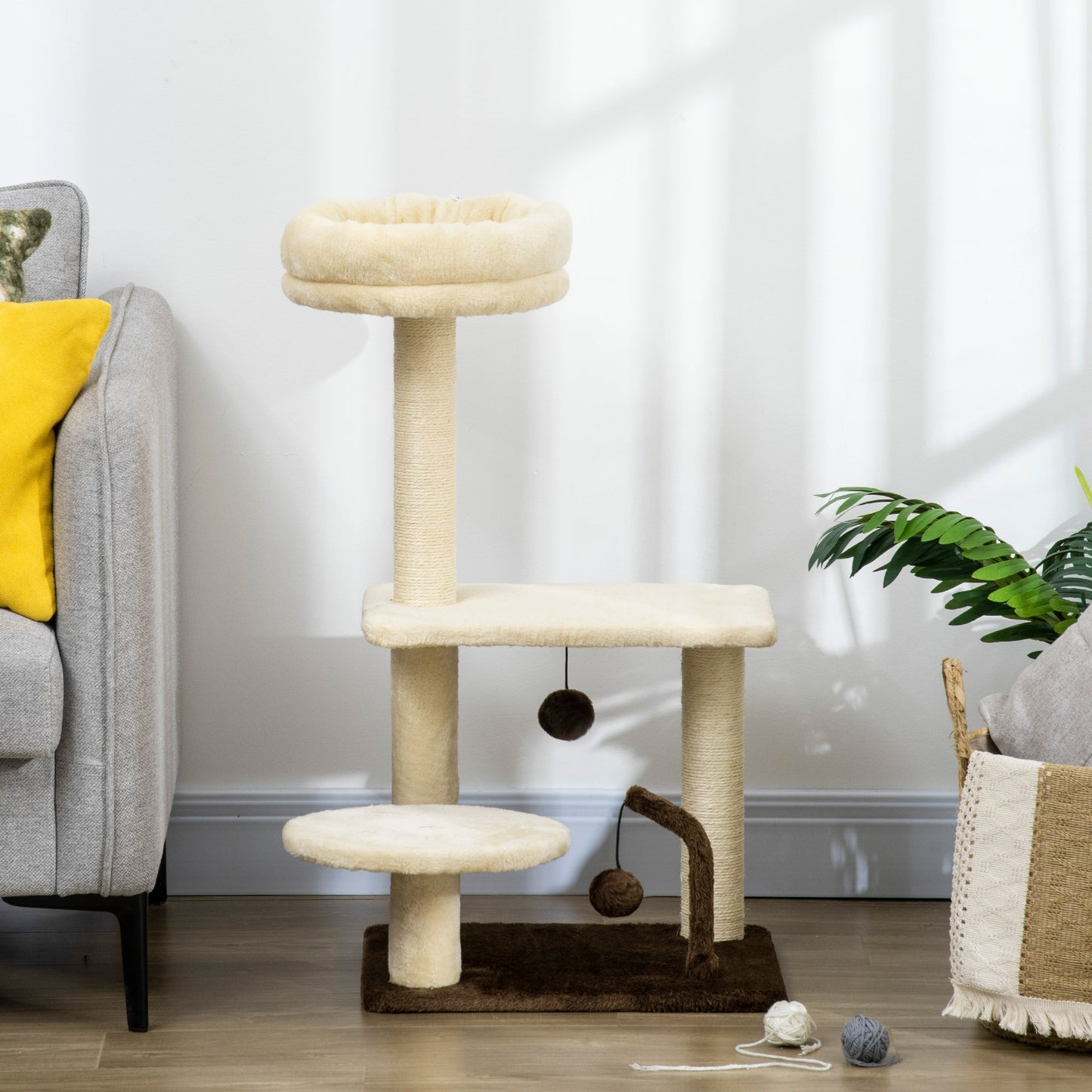 29 Inches Cat Tree Kitty Tower with Sisal Scratching Post Bed Perch Ball Teaser Toy, Beige Cat Towers   at Gallery Canada