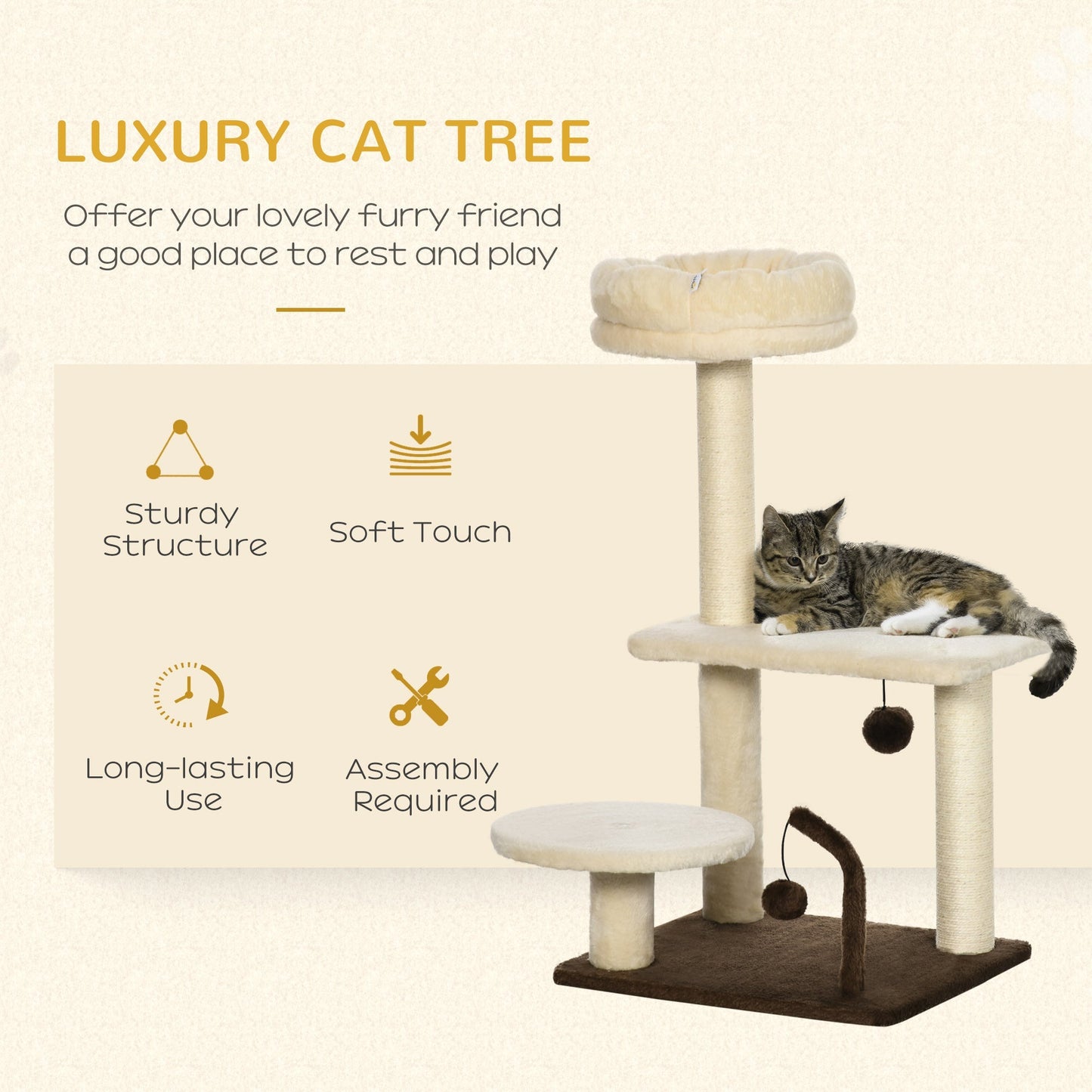 29 Inches Cat Tree Kitty Tower with Sisal Scratching Post Bed Perch Ball Teaser Toy, Beige Cat Towers   at Gallery Canada