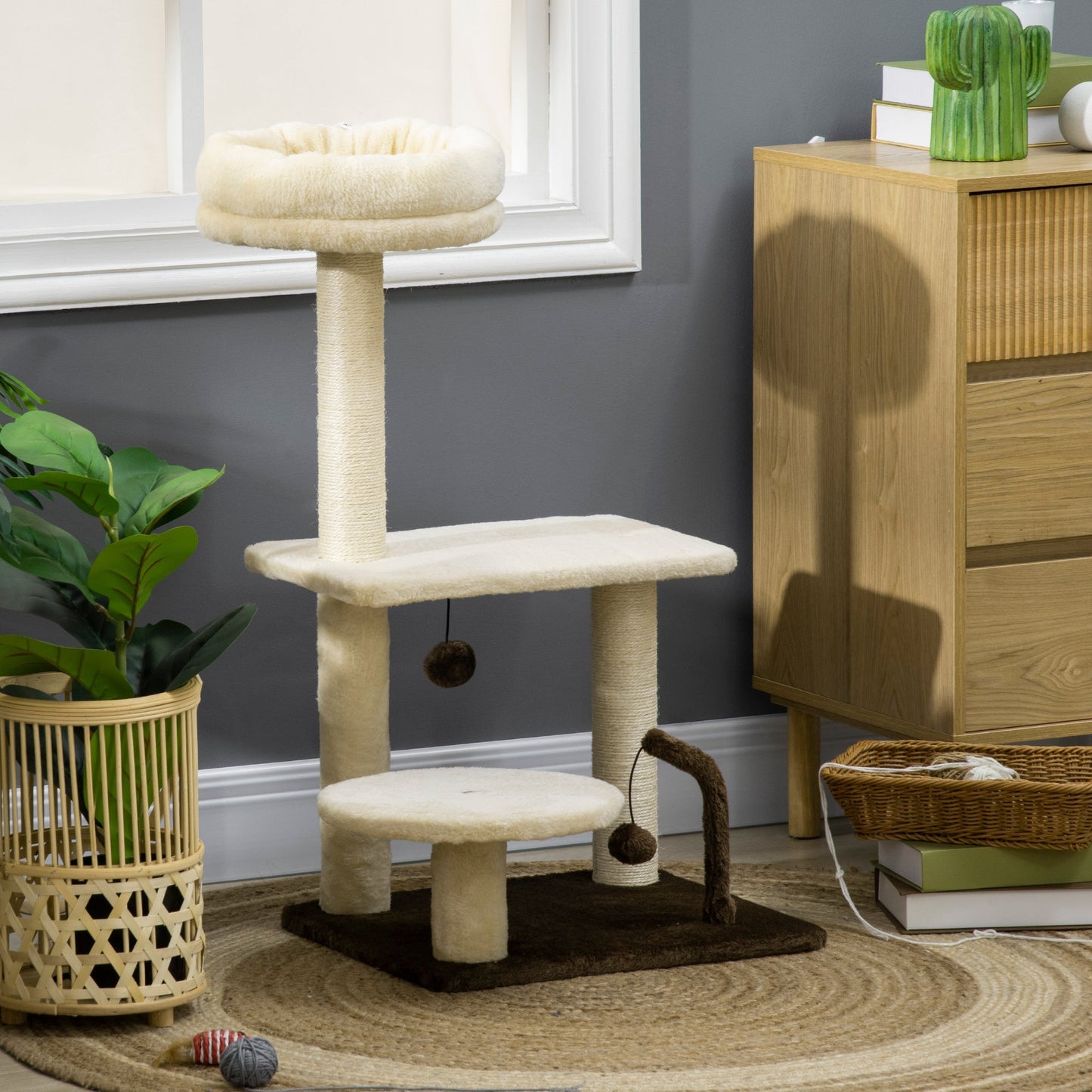 29 Inches Cat Tree Kitty Tower with Sisal Scratching Post Bed Perch Ball Teaser Toy, Beige Cat Towers   at Gallery Canada