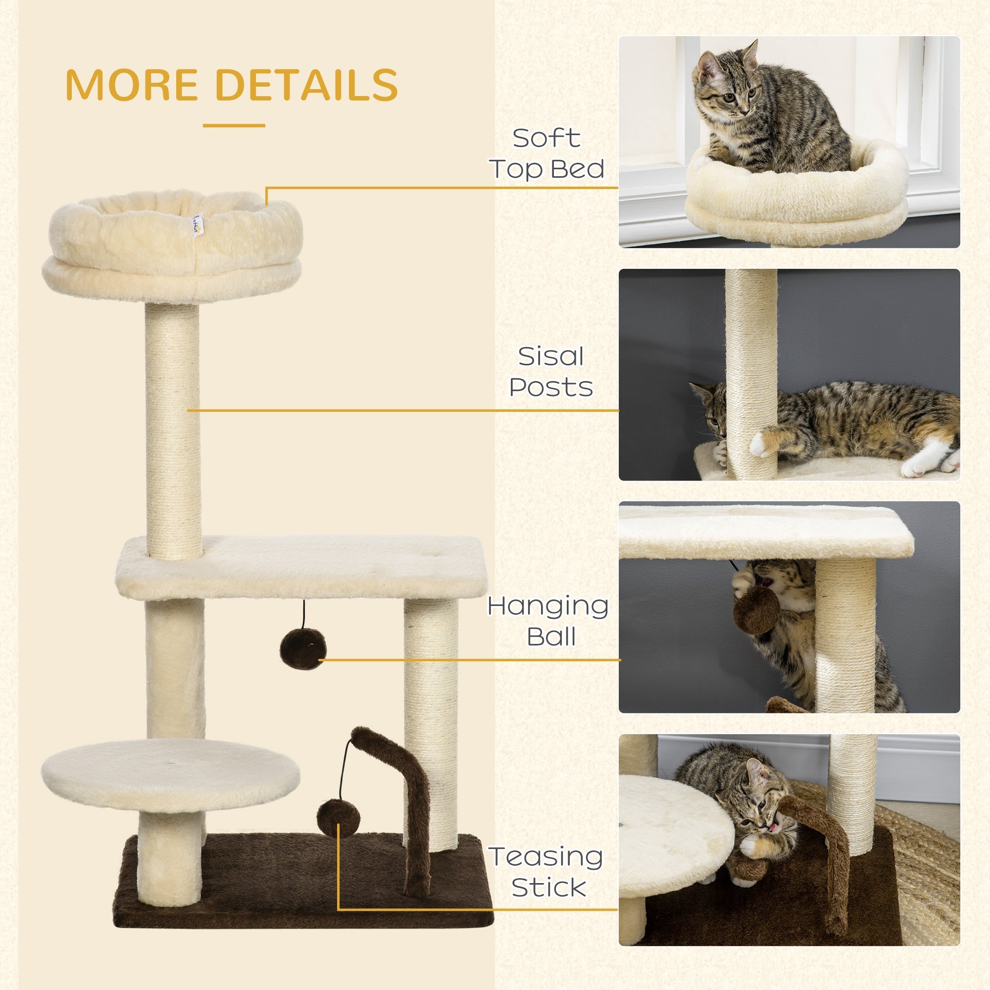 29 Inches Cat Tree Kitty Tower with Sisal Scratching Post Bed Perch Ball Teaser Toy, Beige Cat Towers   at Gallery Canada