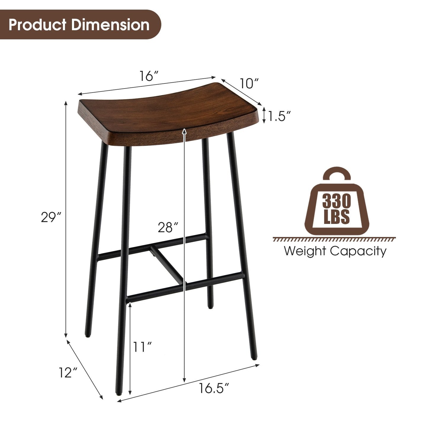 29'' Industrial Saddle Bar Stool with Metal Legs-29 inches, Rustic Brown Bar Stools   at Gallery Canada