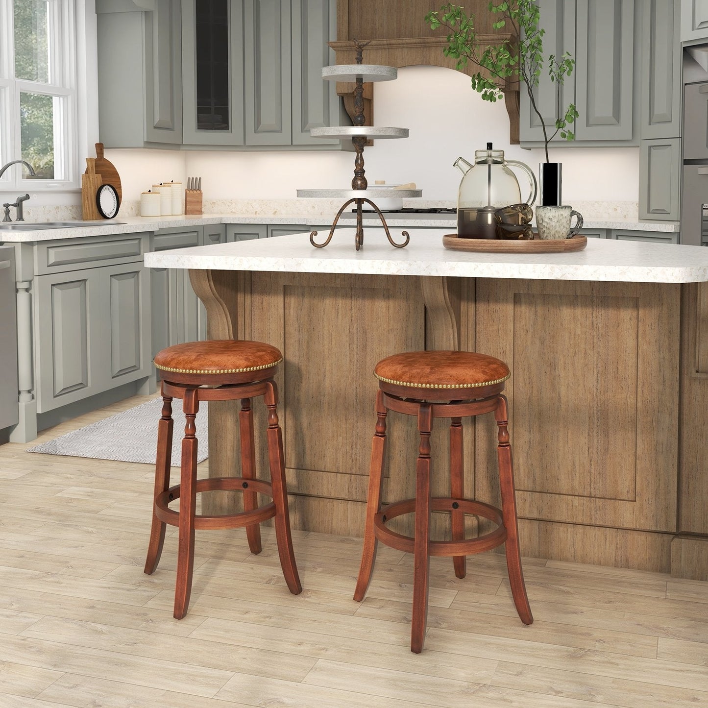 29" Swivel Bar Stool Set of 2 with Upholstered Seat and Rubber Wood Frame-29 inches Bar Stools   at Gallery Canada