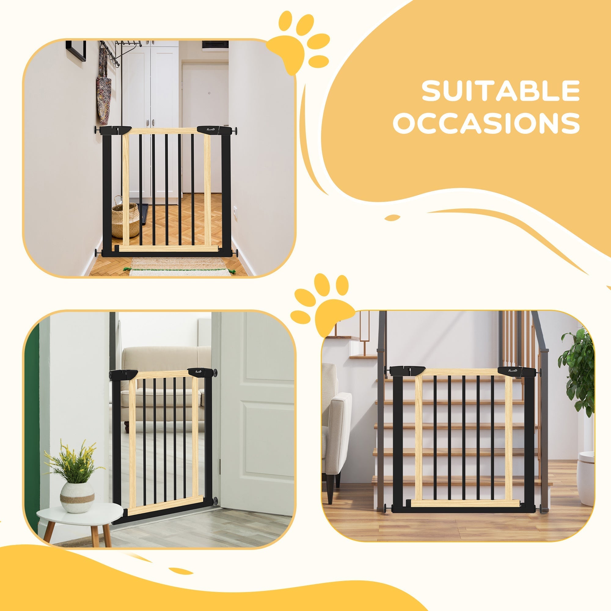 Steel & Wood Dog Gate for Doorways/Stairs, Auto-Close, 29.5