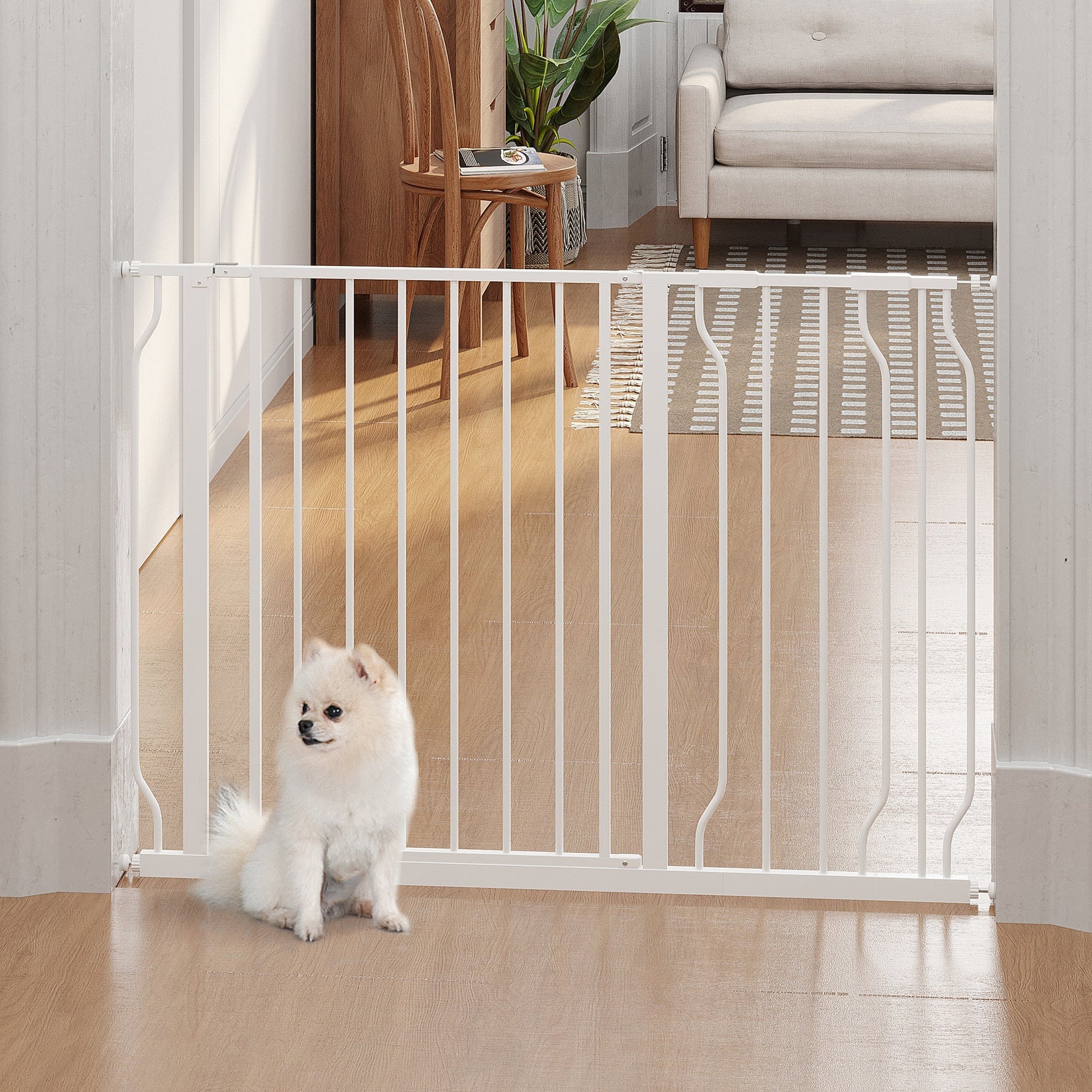 29.5"- 45.3" Extra Wide Dog Gate with Door, Double Locking System, Easy Install Pet Gate for Stairs, Hallways, and Doorways, White Houses, Kennels & Pens   at Gallery Canada