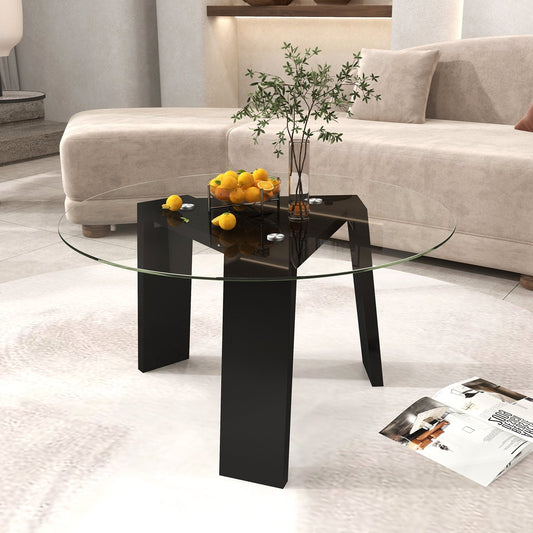 29.5 Inch Round Glass Coffee Table with Solid Rubber Wood Legs for Living Room Home Office Small Space, Black Coffee Tables   at Gallery Canada