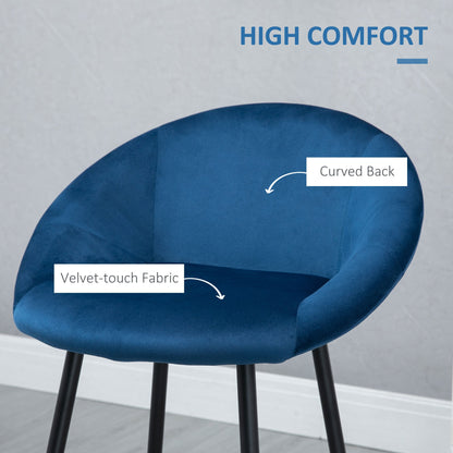 29.5" Seat Height Bar Stools Set of 2, Velvet Upholstered Bar Chairs, Barstools with Back, Curved Armrest, Steel Legs, Blue Bar Stools   at Gallery Canada