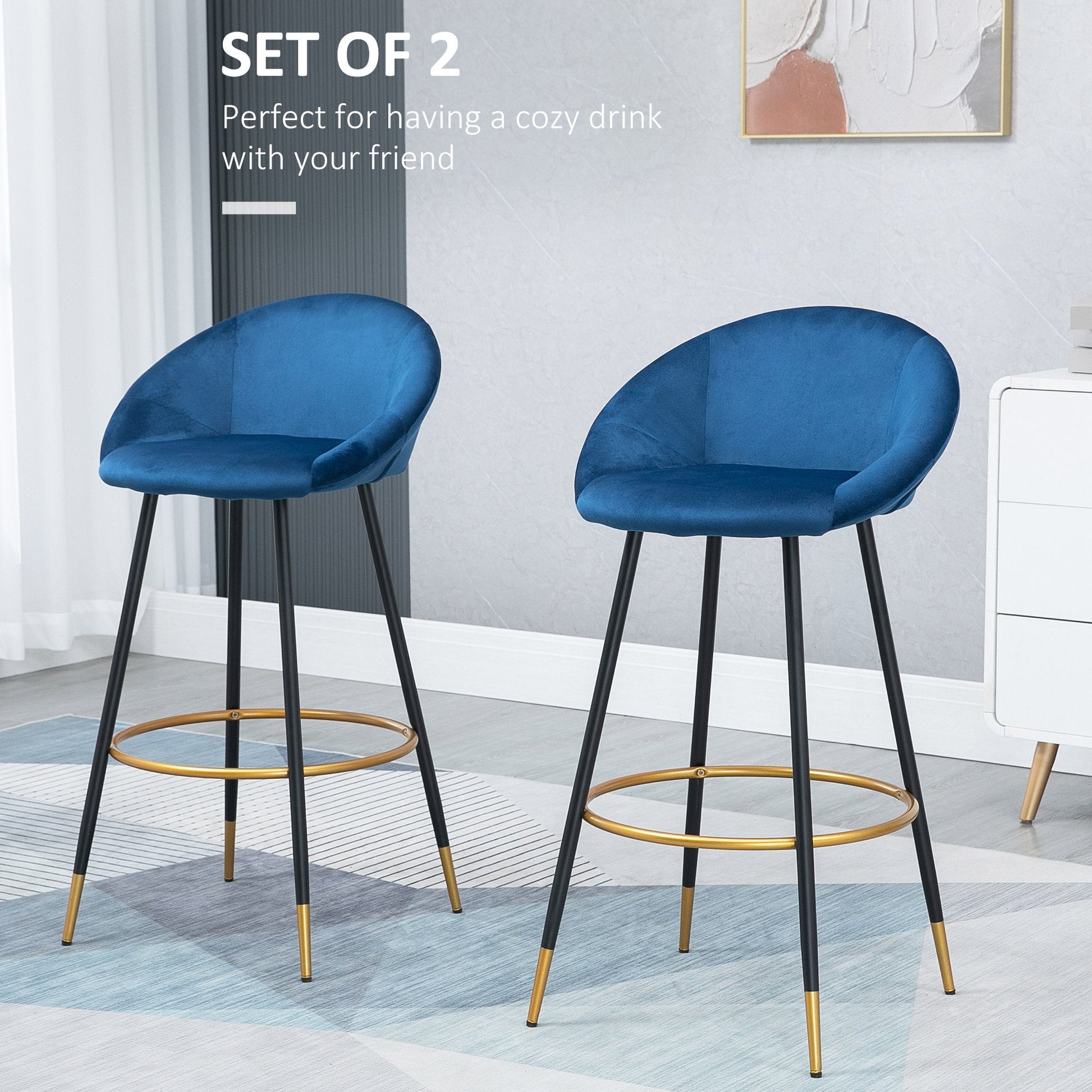 29.5" Seat Height Bar Stools Set of 2, Velvet Upholstered Bar Chairs, Barstools with Back, Curved Armrest, Steel Legs, Blue Bar Stools   at Gallery Canada