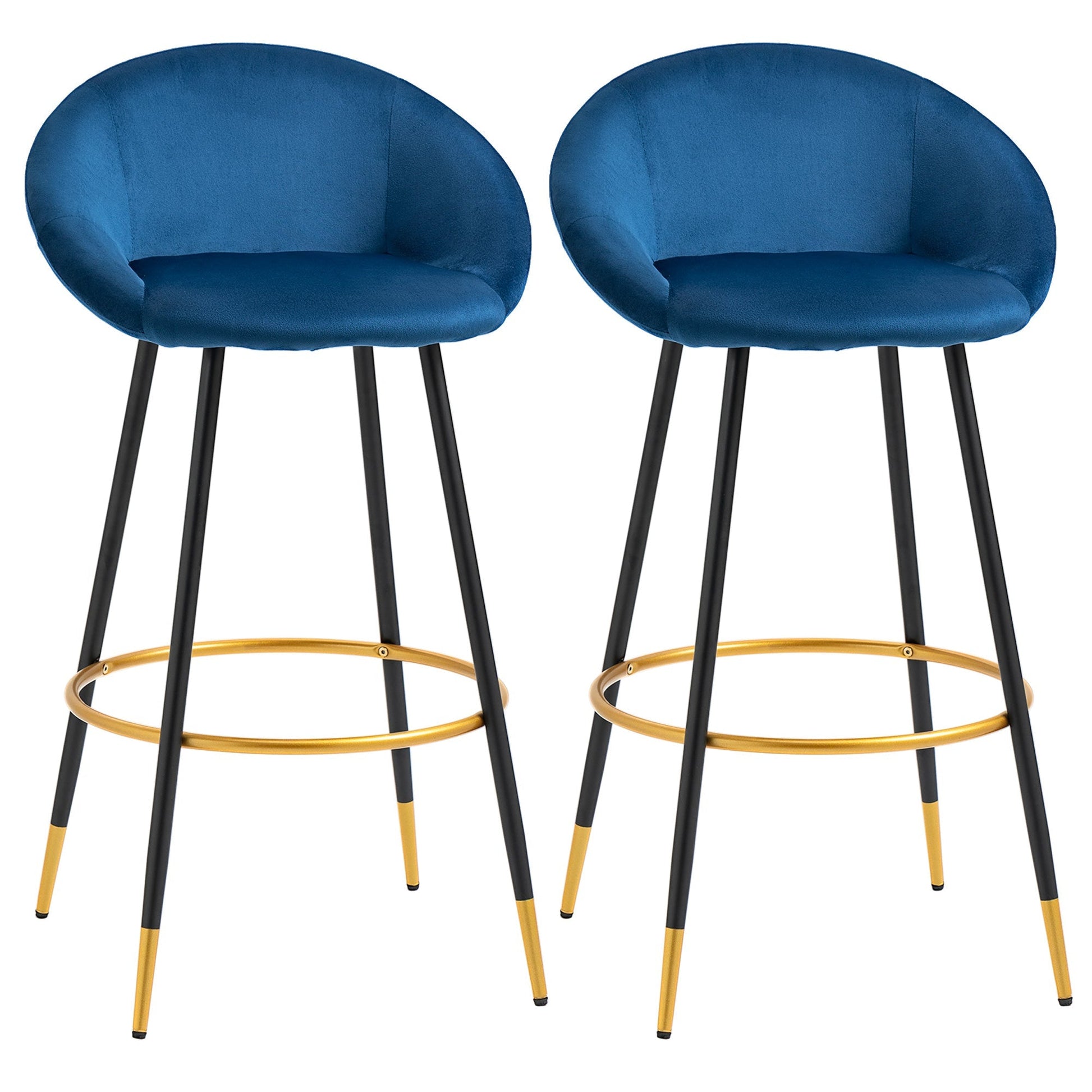 29.5" Seat Height Bar Stools Set of 2, Velvet Upholstered Bar Chairs, Barstools with Back, Curved Armrest, Steel Legs, Blue Bar Stools Multi Colour  at Gallery Canada