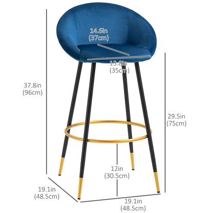 29.5" Seat Height Bar Stools Set of 2, Velvet Upholstered Bar Chairs, Barstools with Back, Curved Armrest, Steel Legs, Blue Bar Stools   at Gallery Canada