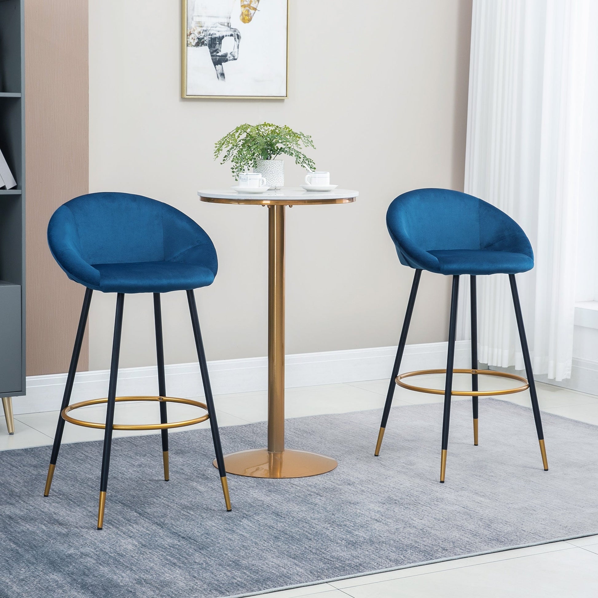 29.5" Seat Height Bar Stools Set of 2, Velvet Upholstered Bar Chairs, Barstools with Back, Curved Armrest, Steel Legs, Blue Bar Stools   at Gallery Canada