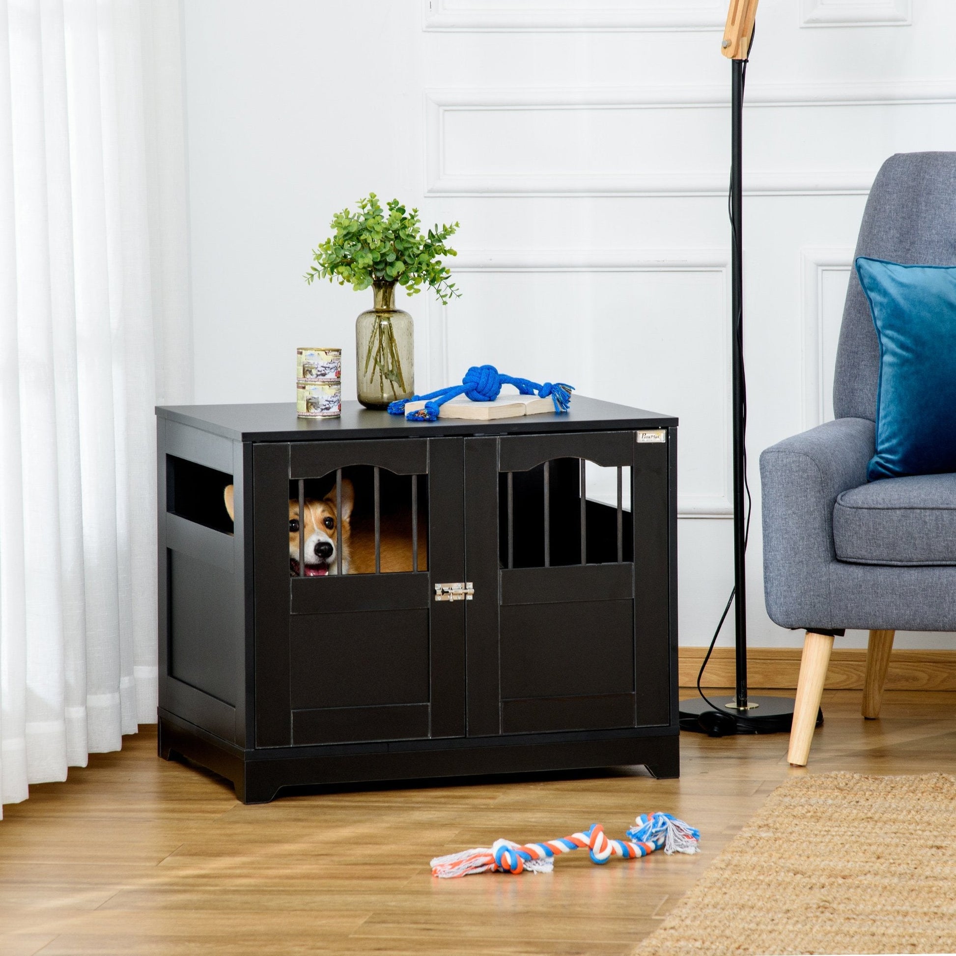 Modern Wooden Dog Cage with Windows, Lockable Doors, Elevated Base, Black Houses, Kennels & Pens   at Gallery Canada