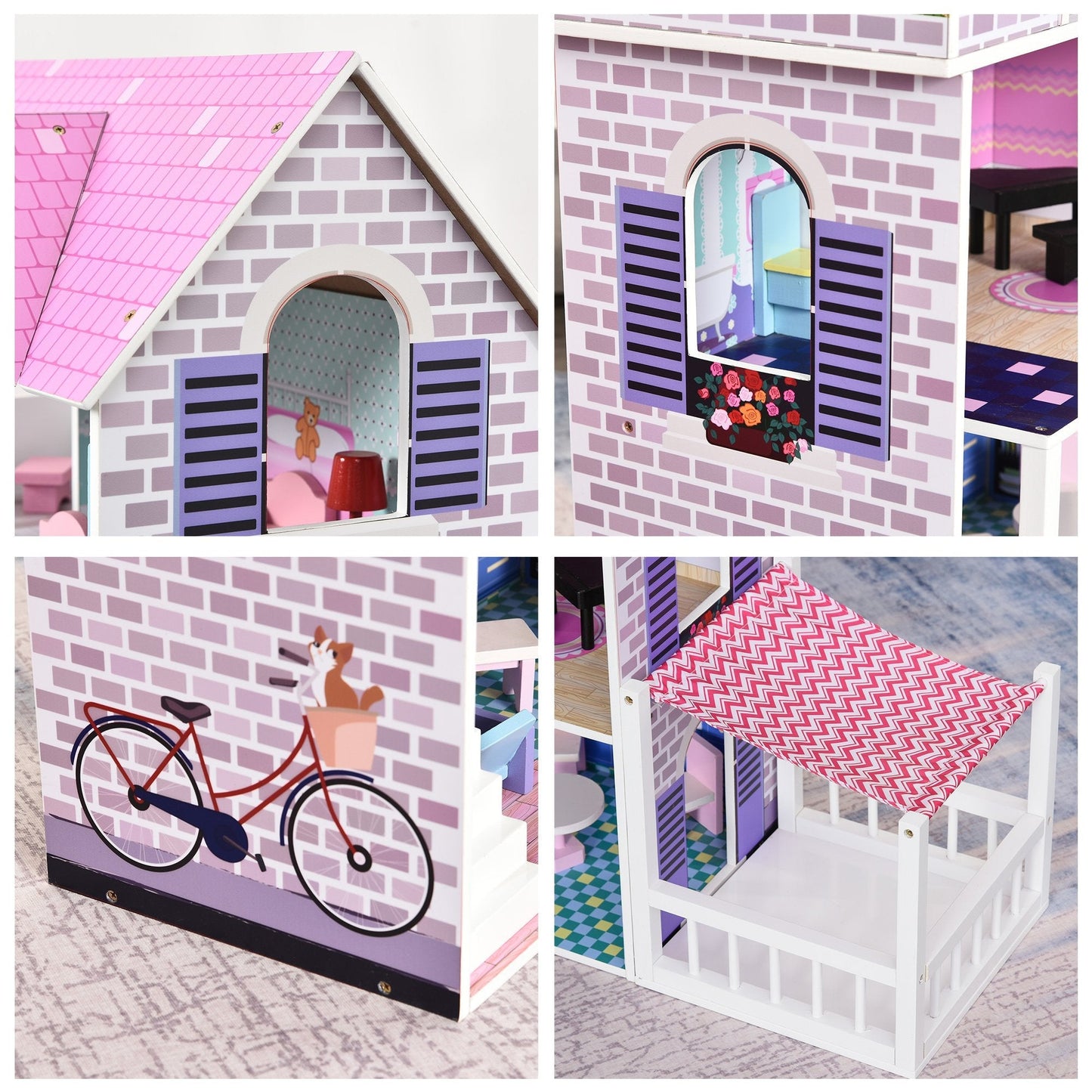 2.9ft Kids Wooden Dollhouse Dreamhouse Villa with Patio Dollhouse with Furniture Accessories Kit for Toddler Girls Multi-level House for Children Pink Play Houses   at Gallery Canada