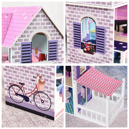 2.9ft Kids Wooden Dollhouse Dreamhouse Villa with Patio Dollhouse with Furniture Accessories Kit for Toddler Girls Multi-level House for Children Pink Play Houses   at Gallery Canada