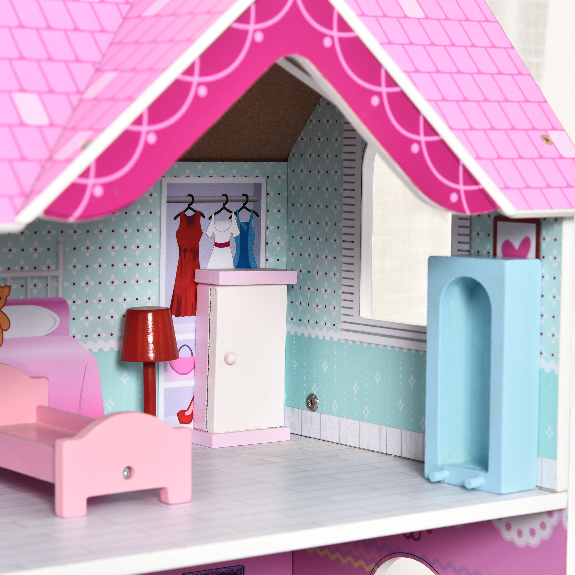 2.9ft Kids Wooden Dollhouse Dreamhouse Villa with Patio Dollhouse with Furniture Accessories Kit for Toddler Girls Multi-level House for Children Pink Play Houses   at Gallery Canada