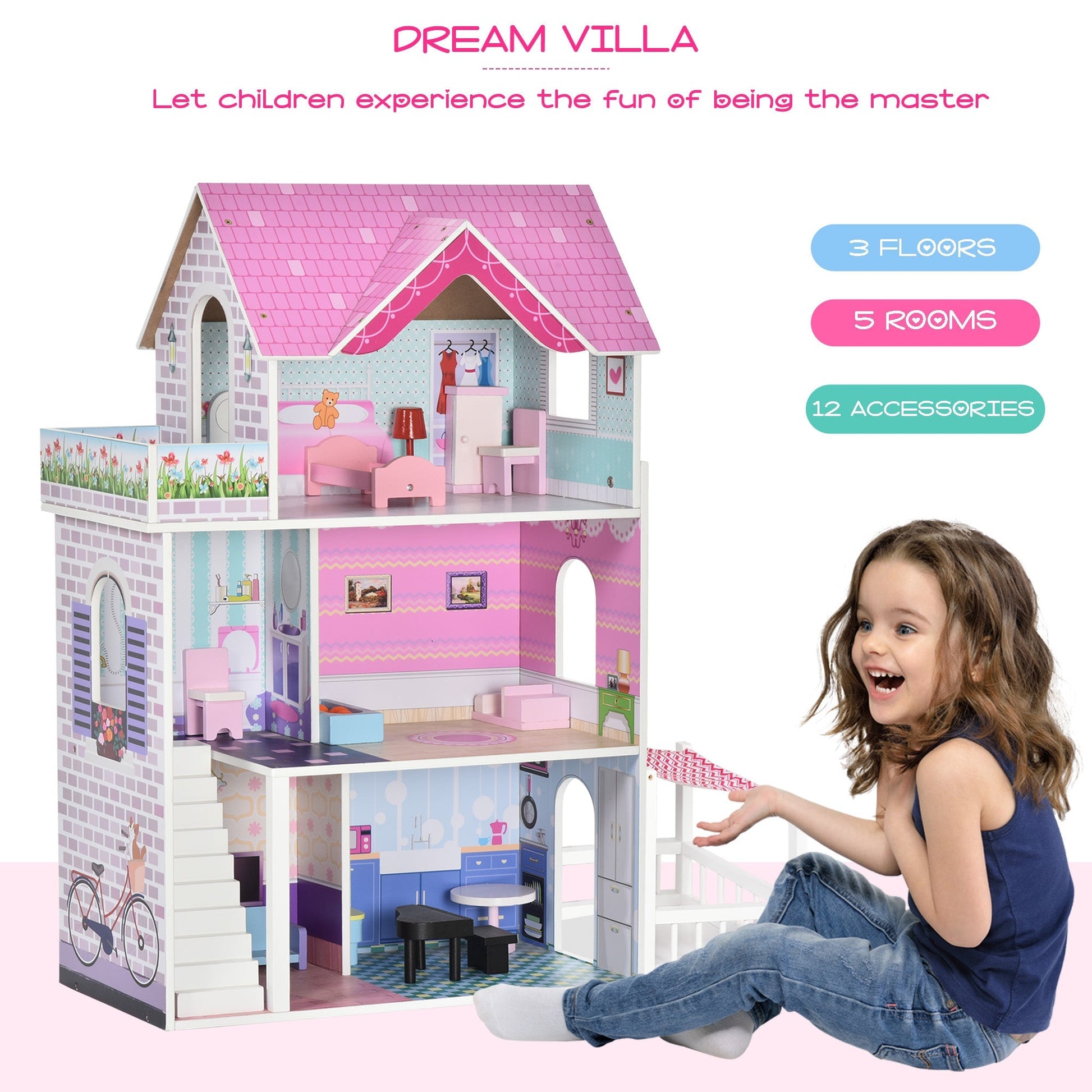 2.9ft Kids Wooden Dollhouse Dreamhouse Villa with Patio Dollhouse with Furniture Accessories Kit for Toddler Girls Multi-level House for Children Pink Play Houses   at Gallery Canada