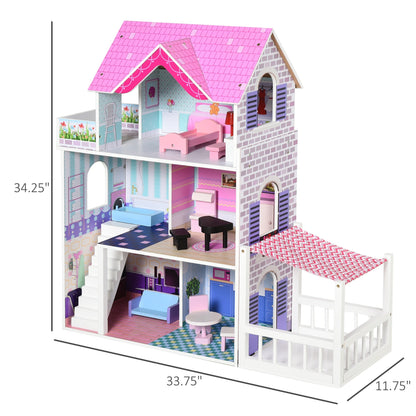 2.9ft Kids Wooden Dollhouse Dreamhouse Villa with Patio Dollhouse with Furniture Accessories Kit for Toddler Girls Multi-level House for Children Pink Play Houses Pink  at Gallery Canada