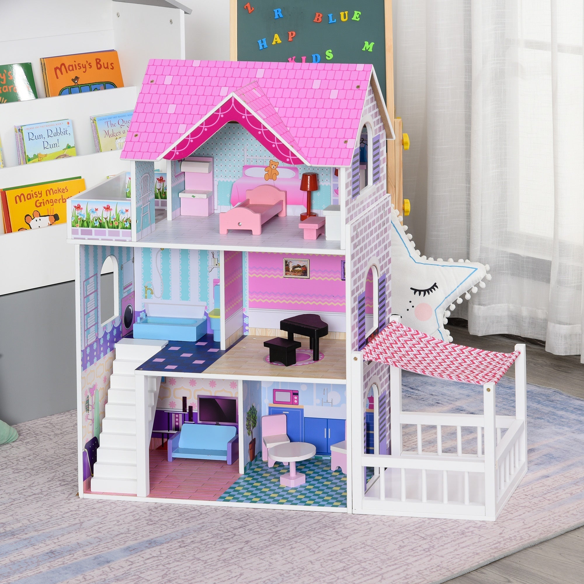 2.9ft Kids Wooden Dollhouse Dreamhouse Villa with Patio Dollhouse with Furniture Accessories Kit for Toddler Girls Multi-level House for Children Pink Play Houses   at Gallery Canada