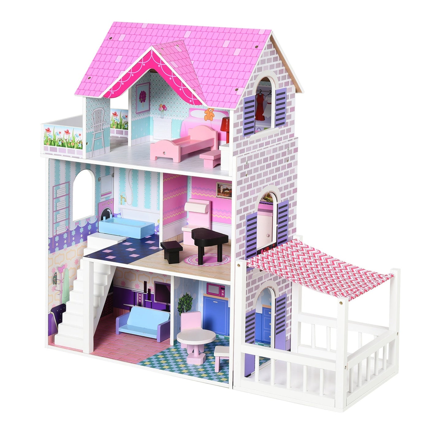 2.9ft Kids Wooden Dollhouse Dreamhouse Villa with Patio Dollhouse with Furniture Accessories Kit for Toddler Girls Multi-level House for Children Pink Play Houses   at Gallery Canada