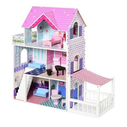 2.9ft Kids Wooden Dollhouse Dreamhouse Villa with Patio Dollhouse with Furniture Accessories Kit for Toddler Girls Multi-level House for Children Pink Play Houses Pink  at Gallery Canada