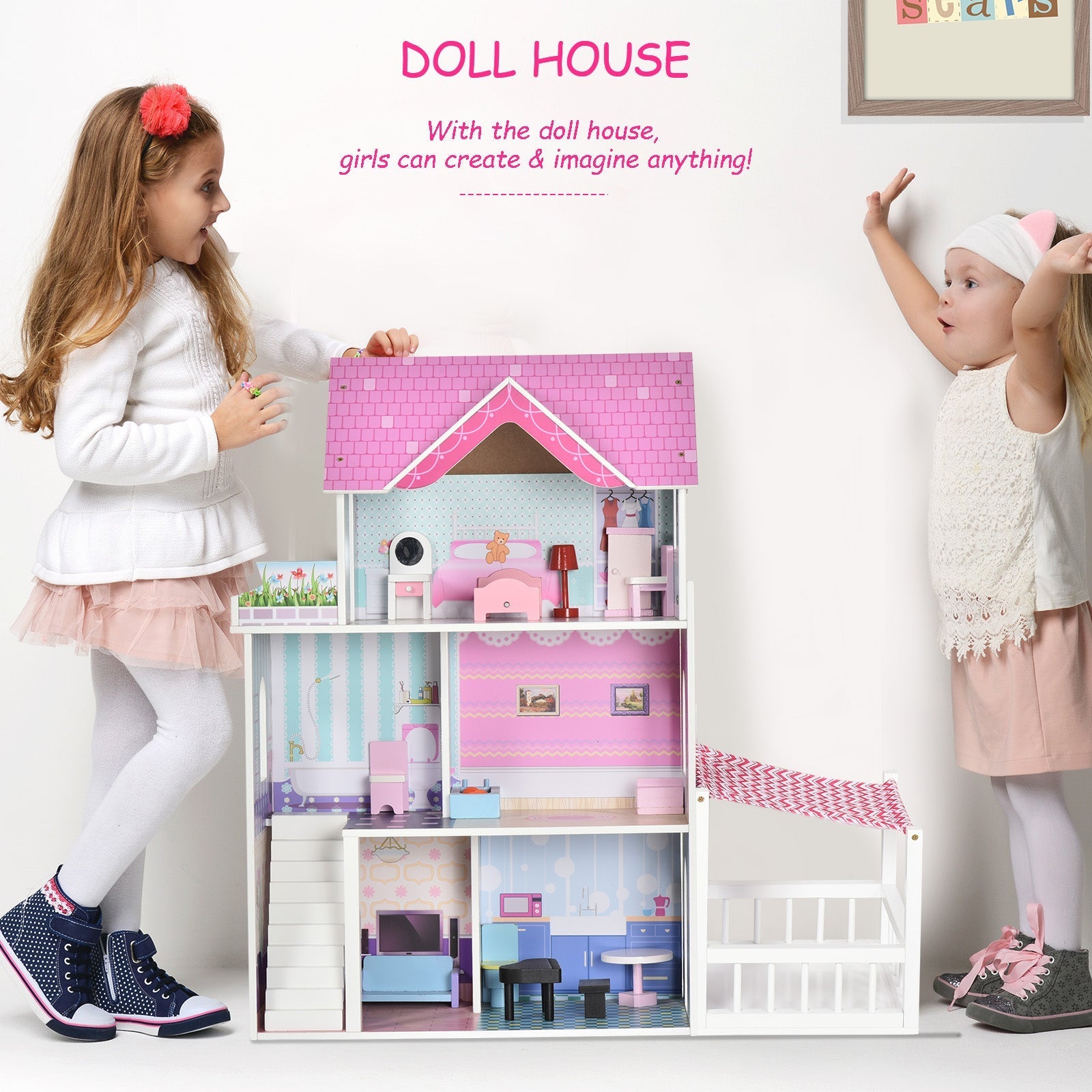 2.9ft Kids Wooden Dollhouse Dreamhouse Villa with Patio Dollhouse with Furniture Accessories Kit for Toddler Girls Multi-level House for Children Pink Play Houses   at Gallery Canada