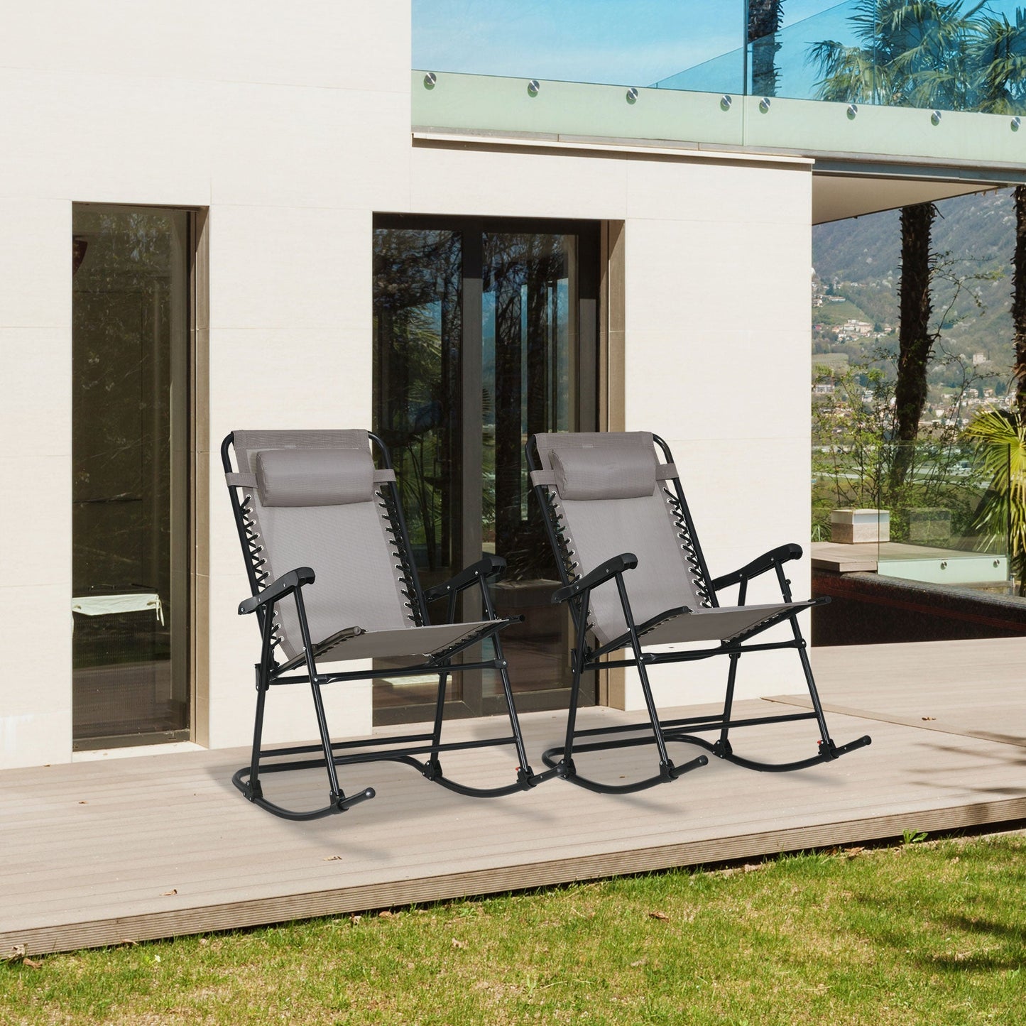 2pc Patio Foldable Rocking Chair Set w/ Breathable Mesh Seat &; Backrest, Headrest for Park, Backyard, Garden, Grey Outdoor Rocking Chairs   at Gallery Canada