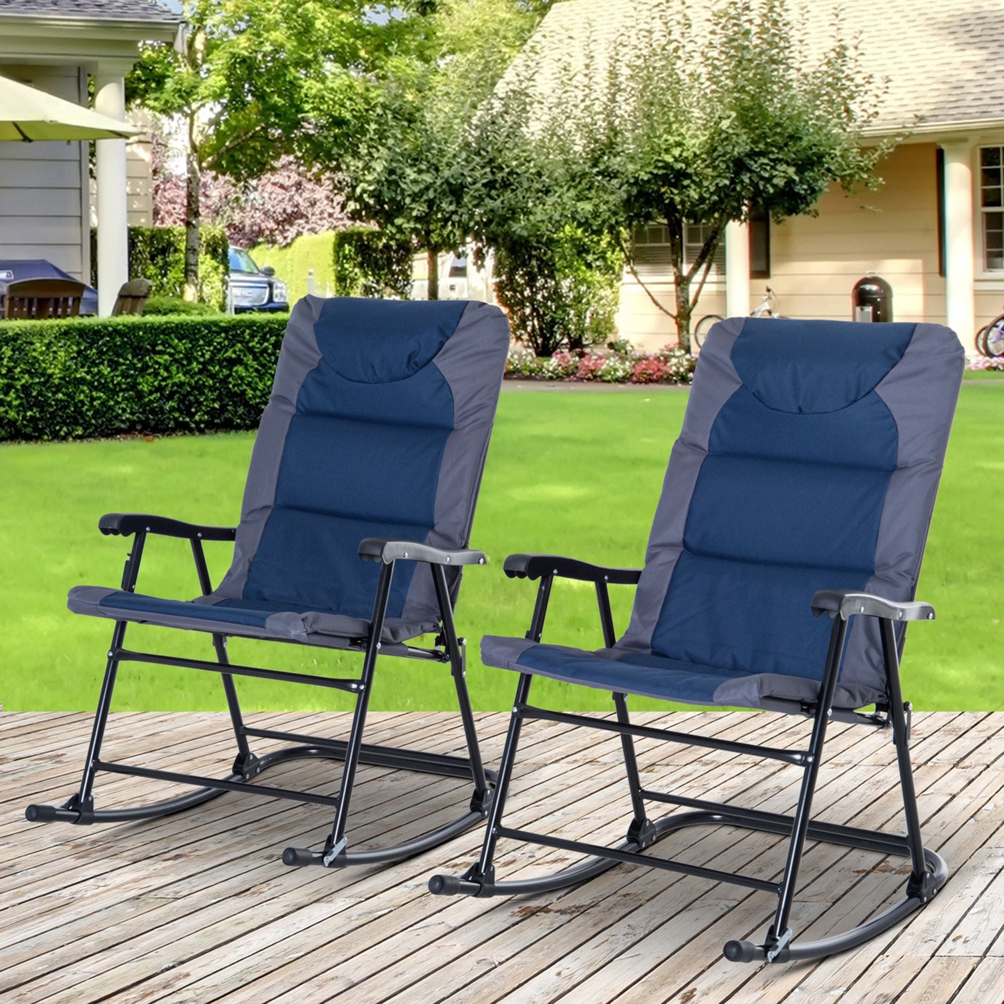 2pc Patio Foldable Rocking Chair Set w/ Soft Padded Seat, Backrest, and Headrest for park, backyard, garden, Navy Blue Outdoor Rocking Chairs   at Gallery Canada