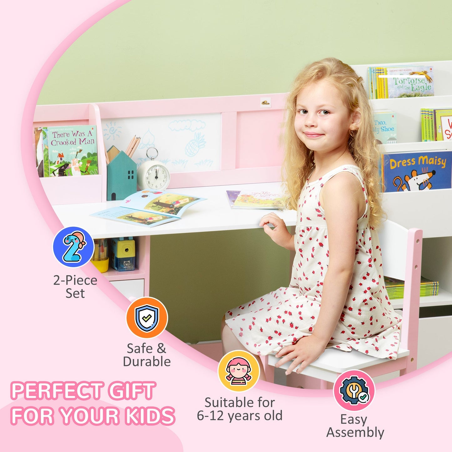 2Pcs Kids Desk and Chair Set with Whiteboard, Storage, Shelves, Pink Kids Table Sets   at Gallery Canada