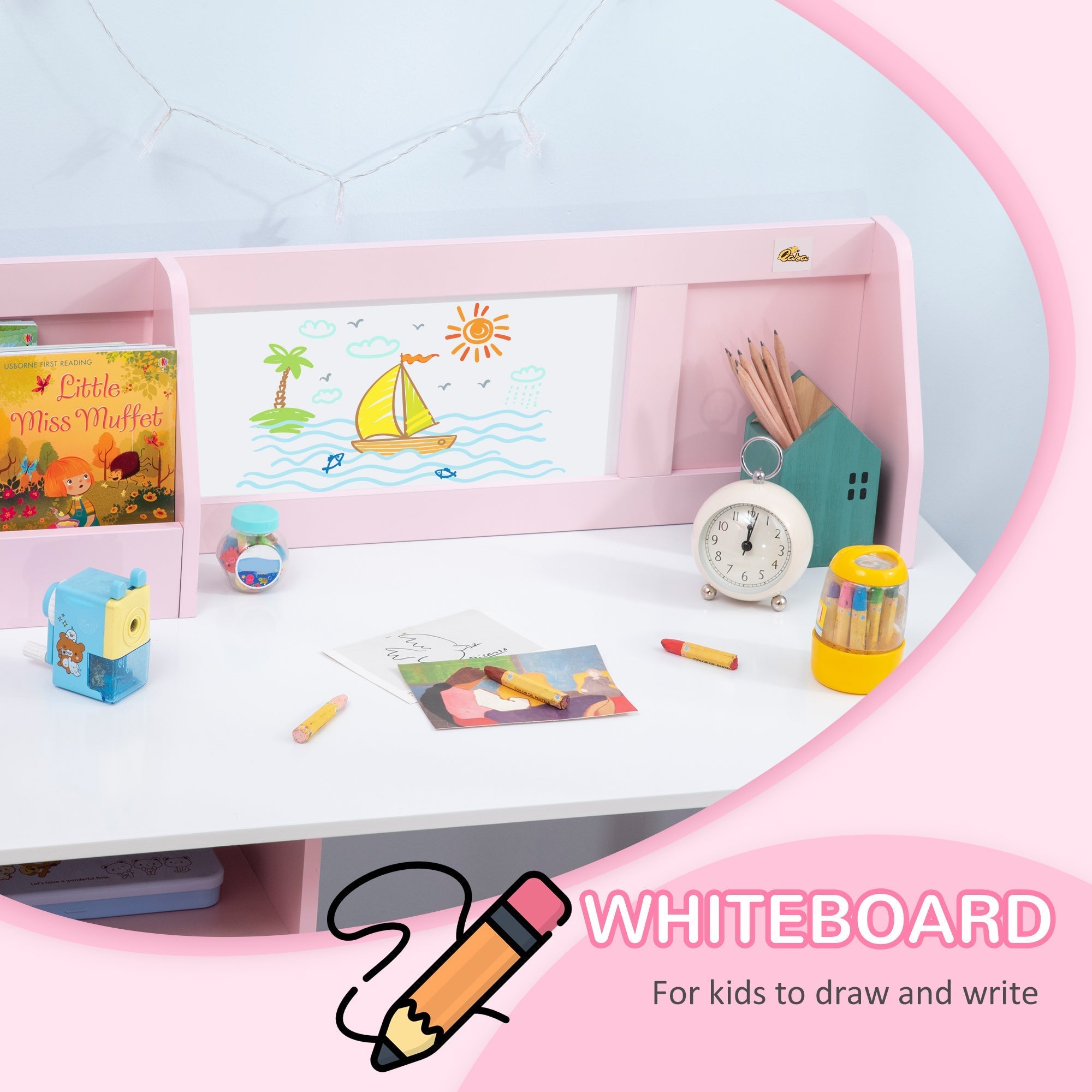 2Pcs Kids Desk and Chair Set with Whiteboard, Storage, Shelves, Pink Kids Table Sets   at Gallery Canada