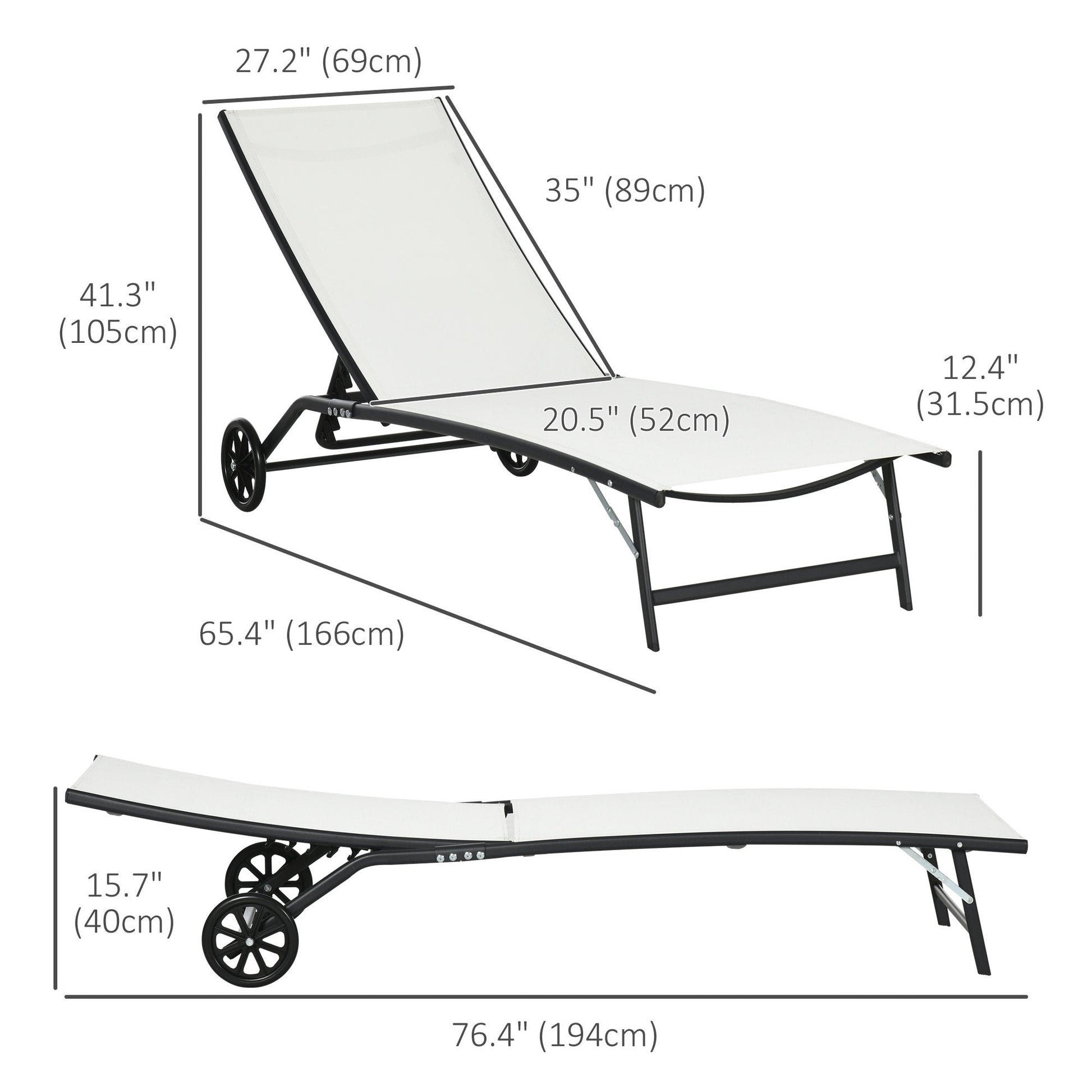 2PCs Lounge Chairs with Wheels, 5-Level Adjustable Backrest for Garden, Backyard, Patio, Deck, Poolside, White Lounger Chairs   at Gallery Canada