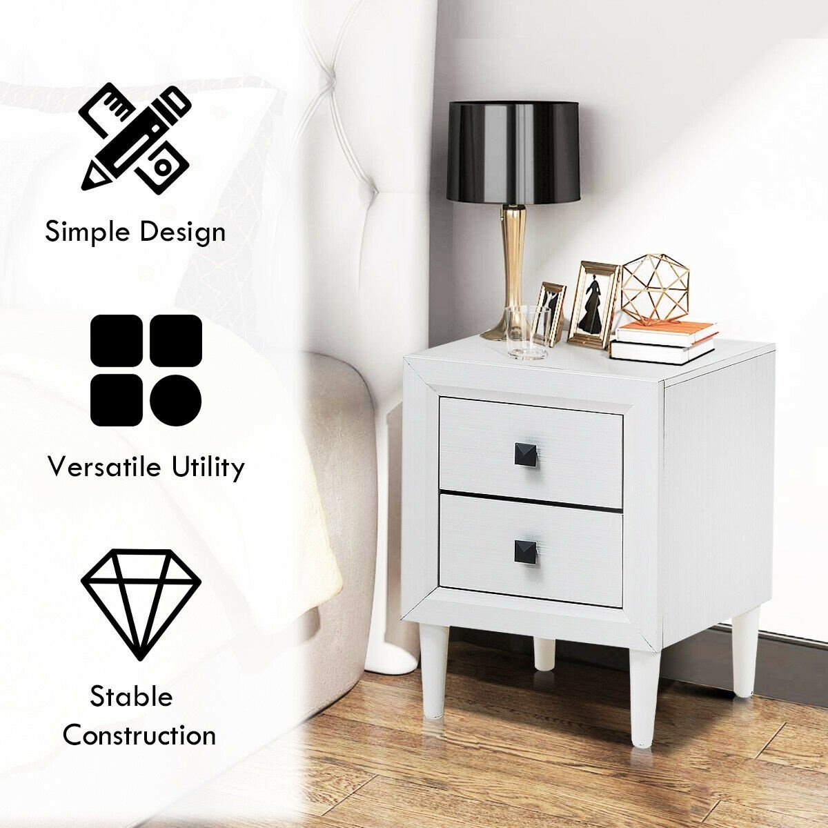 2Pcs Multipurpose Retro Nightstand with 2 Drawers, White Nightstands   at Gallery Canada