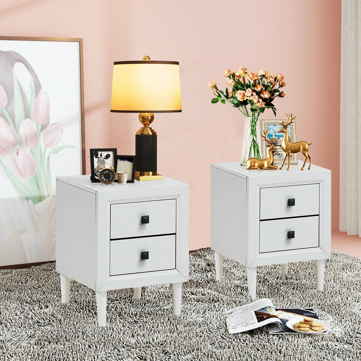 2Pcs Multipurpose Retro Nightstand with 2 Drawers, White Nightstands   at Gallery Canada