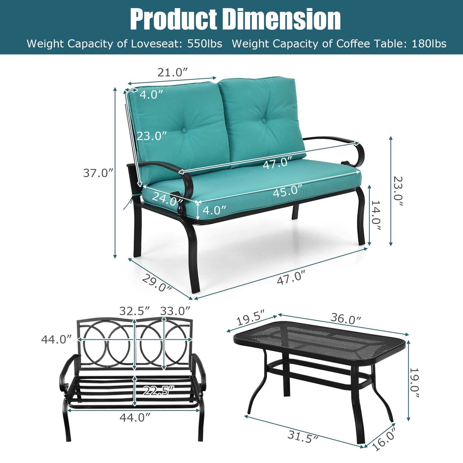 2PCS Patio Loveseat Bench Table Furniture Set with Cushioned Chair, Turquoise Patio Conversation Sets   at Gallery Canada