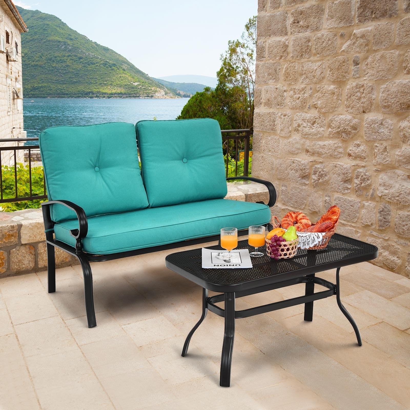 2PCS Patio Loveseat Bench Table Furniture Set with Cushioned Chair, Turquoise Patio Conversation Sets   at Gallery Canada